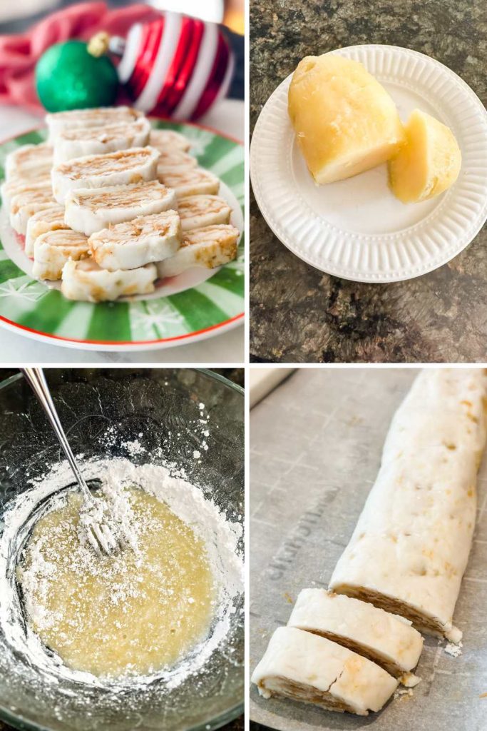 Four-photo collage detailing the process of making no-bake Southern Peanut Butter Potato Candy (or Old-Fashioned Potato Candy). The images show the powdered sugar dough, a tight jelly roll of the peanut butter-filled candy, and the final sliced candy pinwheels displayed on a festive Christmas plate.