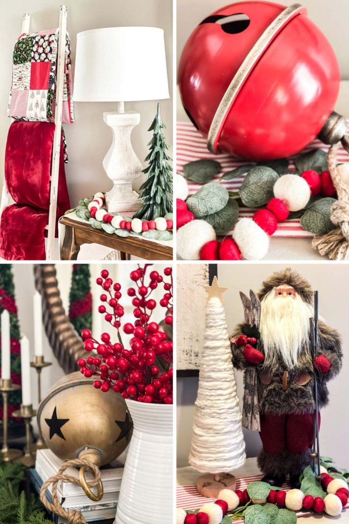 Traditional Christmas Decor Mood Board for a Cozy Farmhouse Holiday. Features red and gold accents, a chunky knit throw, pine wreath, vintage art prints, and Christmas pillows for decorating inspiration.