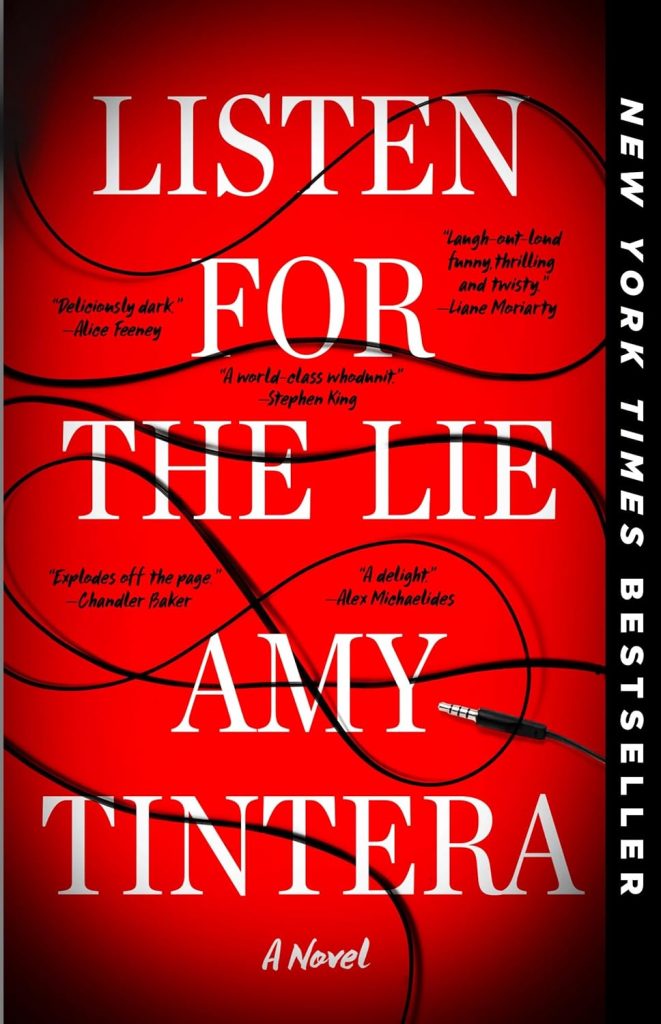 Book cover of the New York Times Bestseller "Listen for the Lie" by Amy Tintera, a red background featuring a black headphone wire design, for a book review on Cottage in the Mitten.