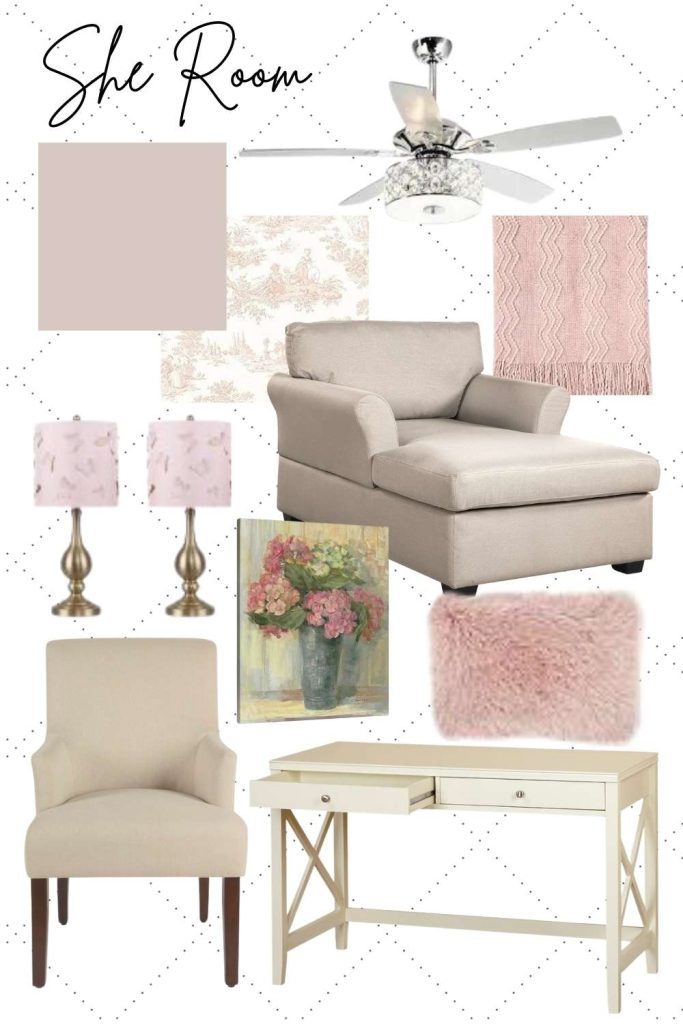 A mood board featuring a feminine and cozy bedroom aesthetic. The image includes a chaise lounge, armchair, desk, lamps, wall art, a ceiling fan, and paint color swatches in soft pink and neutral tones.