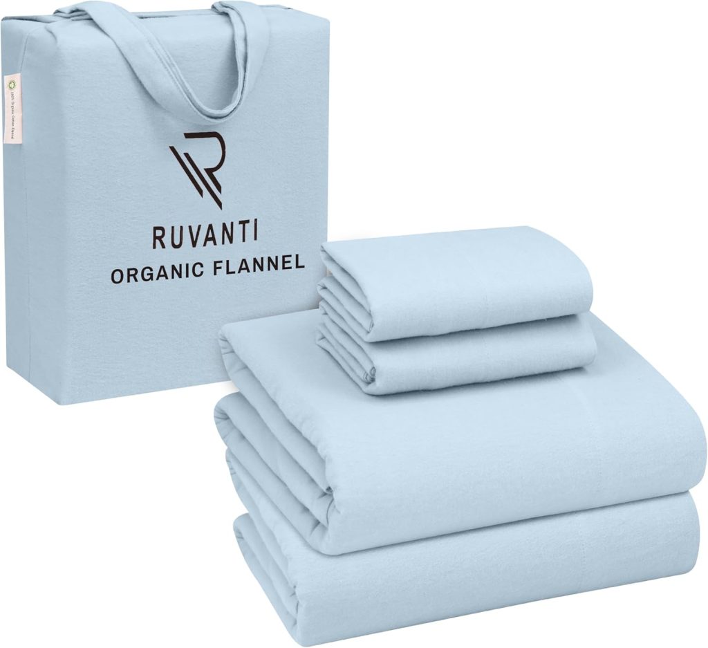 A queen set of blue organic flannel sheets.