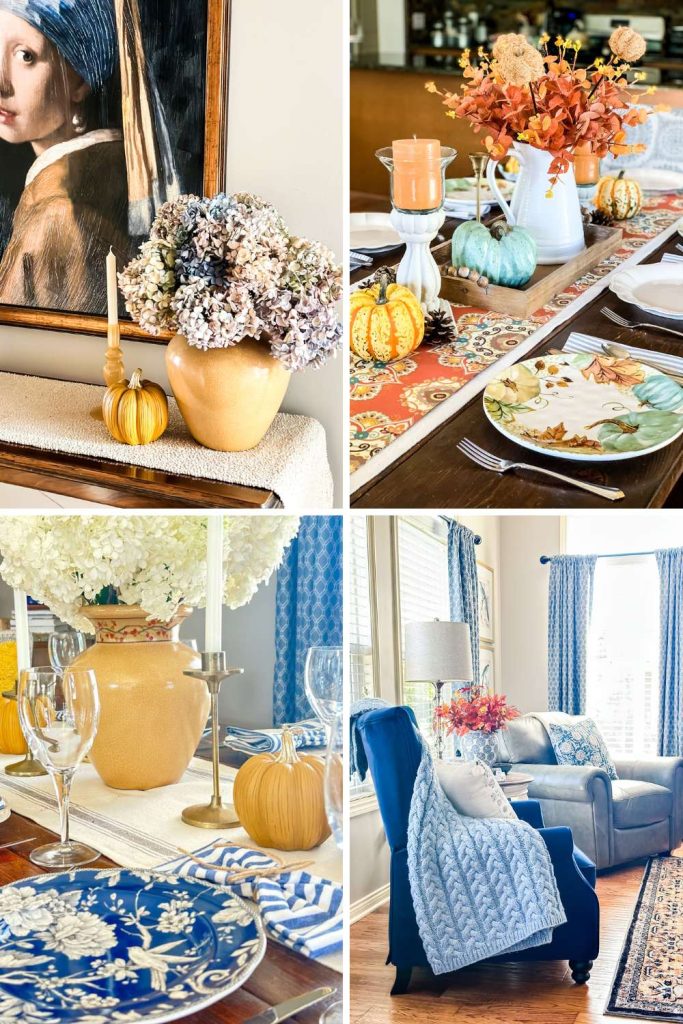A collage of autumnal home decor ideas. The top left shows a vase of dried hydrangeas and pumpkins. The top right shows a dining table set with fall-themed tablecloths, plates, and pumpkins. The bottom left shows another dining table setting with a yellow vase and pumpkins. The bottom right shows a cozy living room with a blue armchair and a fall-themed vase.