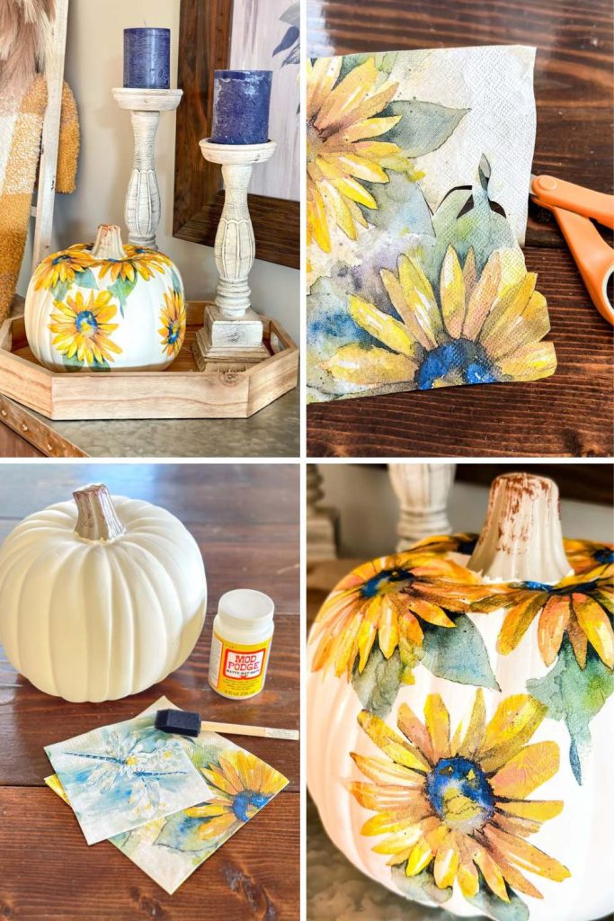 Craft pumpkin makeover sunflower decoupage with napkins collage.