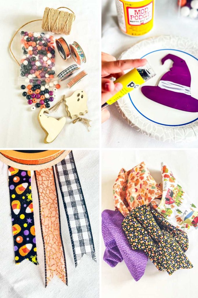 A collage of images showing the process of making a no-sew no-stress Halloween garland. The images include: 1) a collection of Halloween crafting supplies, 2) a hand applying Mod Podge to a witch hat cutout, 3) colorful ribbons being tied together, and 4) a pile of Halloween-themed fabrics.