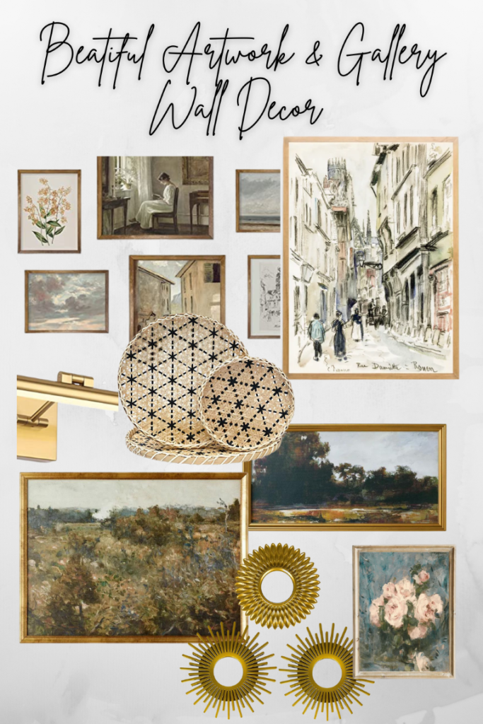 A collage of beautiful artwork and gallery wall decor ideas, featuring paintings, drawings, prints, and wall hangings.
