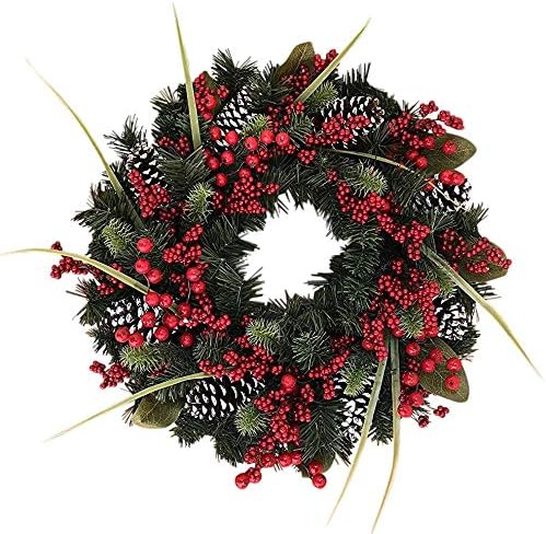 Traditional Christmas wreath with red berries and pinecones.