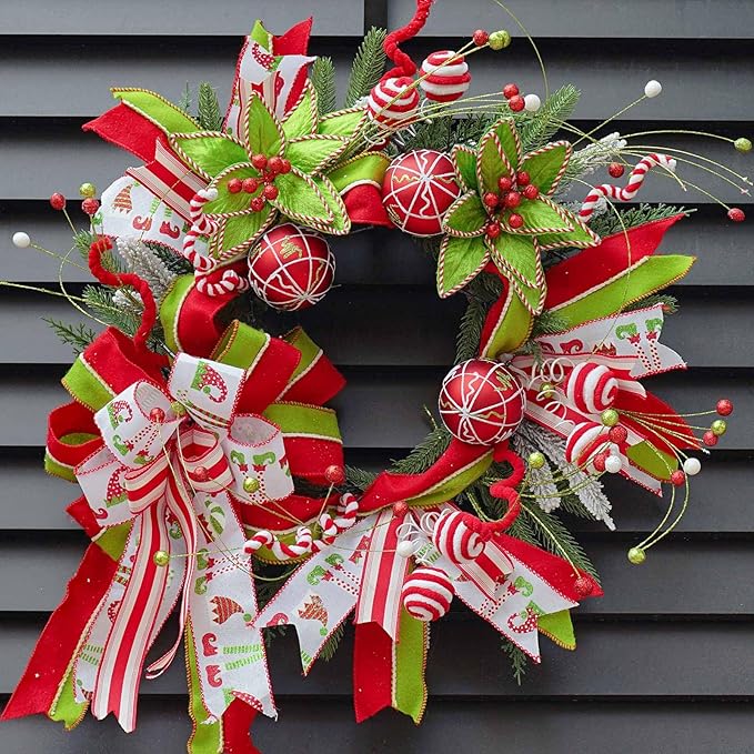 Whimsical Christmas wreath with red, green and white ribbons, and ornament decorations.