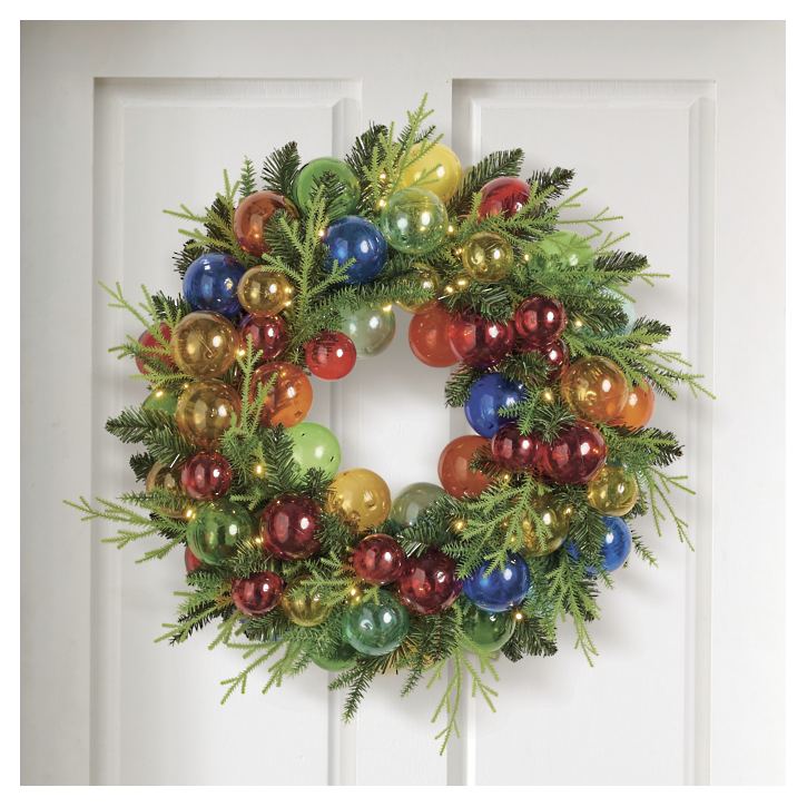 Colorful Christmas wreath with glass ornaments.