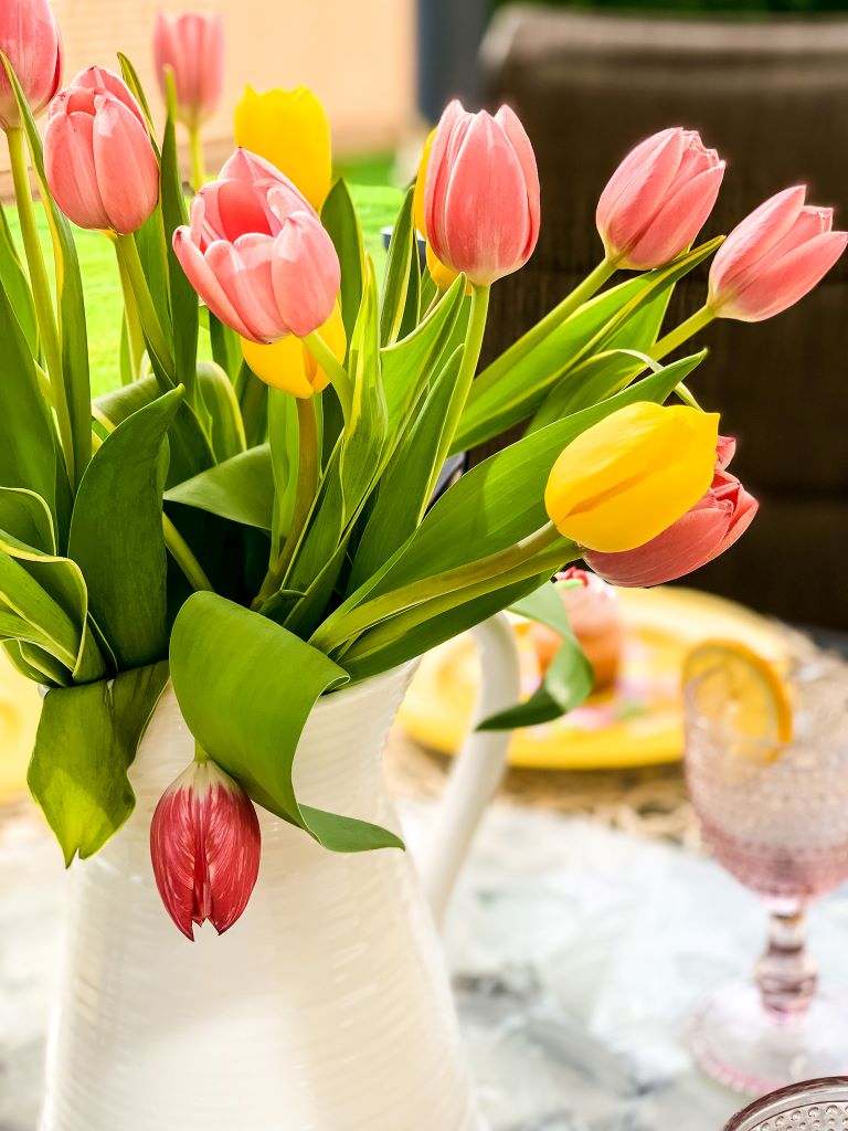 Pink and yellow tulips in a white pitcher sitting on an outdoor table. 