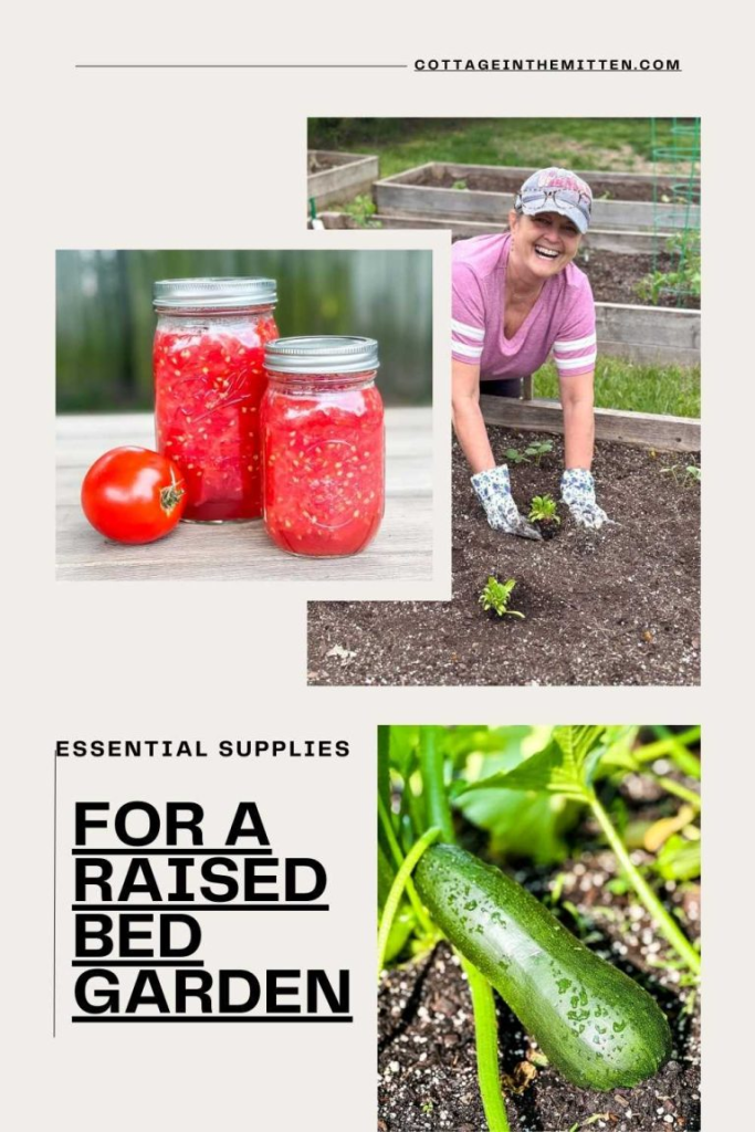 A collage of images related to gardening in a raised bed garden.