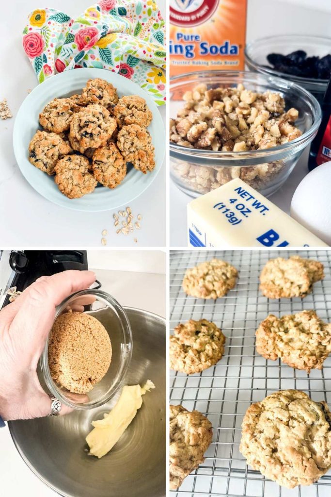 A four-image collage for a cherry oatmeal cookie recipe featuring: a blue plate of baked cookies on a floral napkin, ingredients like walnuts and baking soda, a hand adding brown sugar to a mixing bowl with butter, and freshly baked cookies cooling on a wire rack.