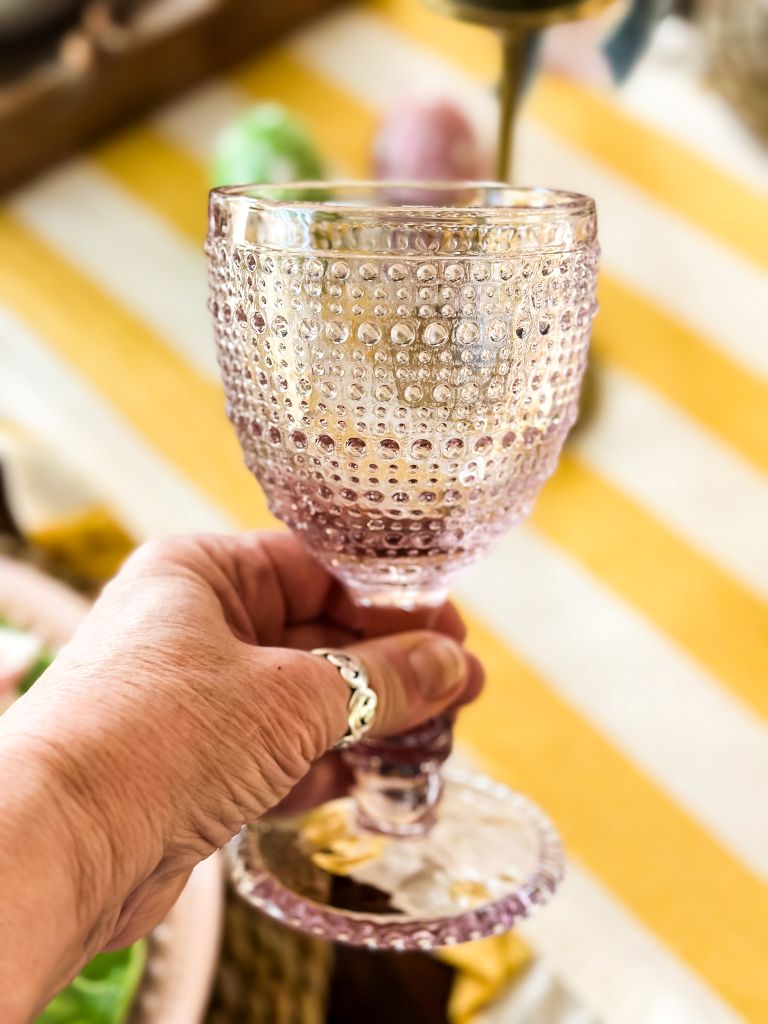 Pink faux depression glass stemware. 