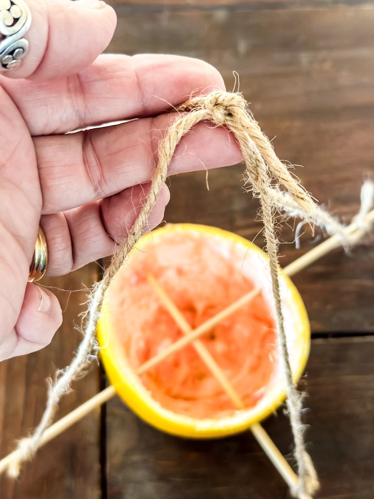 Stringing twin on wooden skewers for a DIY citrus bird feeder. 