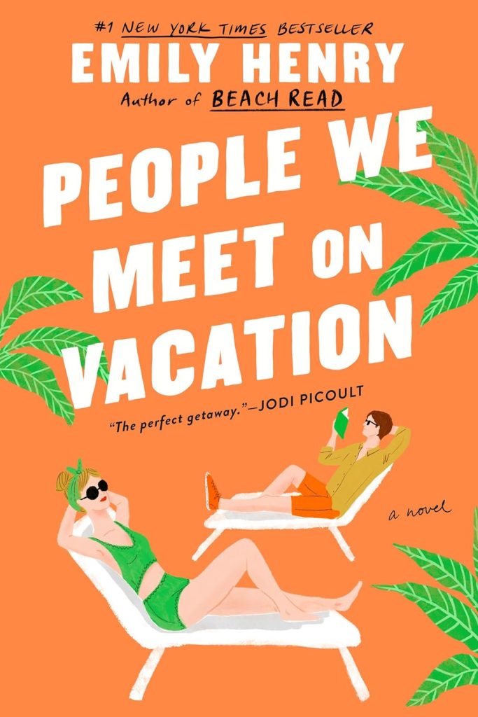 A great cottage summer porch read. The book is People We Meet on Vacation. It has a man and women sitting in lounge chairs on the cover. 
