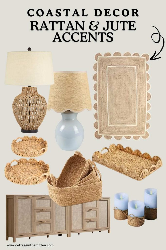 "Coastal decor collage featuring rattan lamps, scalloped jute rug, wicker trays, storage baskets, cane sideboard, and blue pillar candles from Cottage in the Mitten.