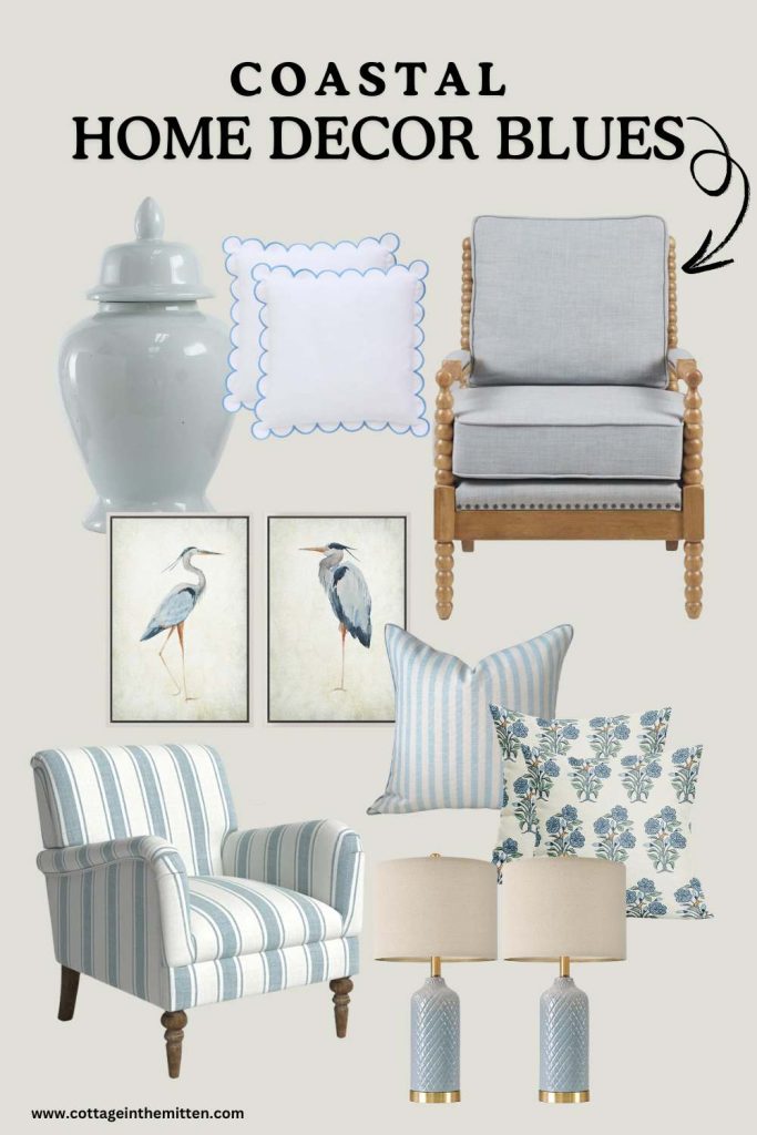 A pinterest graphic of varies coastal home decor blue items. Chairs, artwork and pillow covers. 