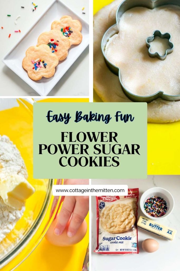A Pinterest pin showing various pictures of Betty Crocker sugar cookies with sprinkles being made. 