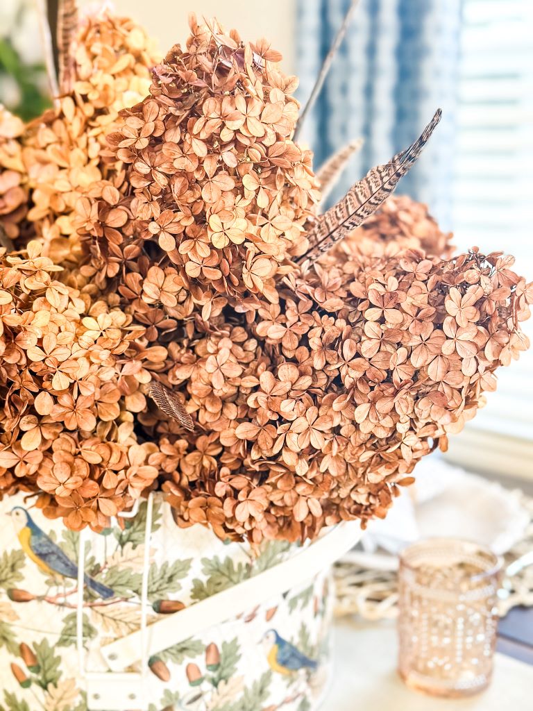 A rustic fall arrangement of dried hydrangeas and pheasant feathers, displayed in a decorative bucket with a bird and acorn pattern.