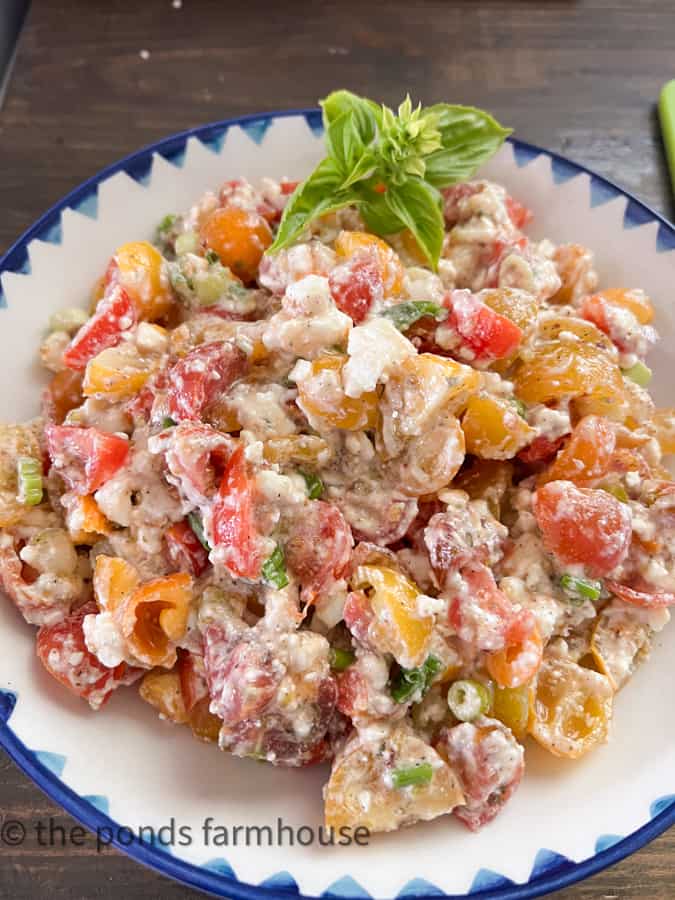 Healthy Mediterranean Greek tomato and feta dip with chopped vegetables, fresh herbs, and a basil garnish.