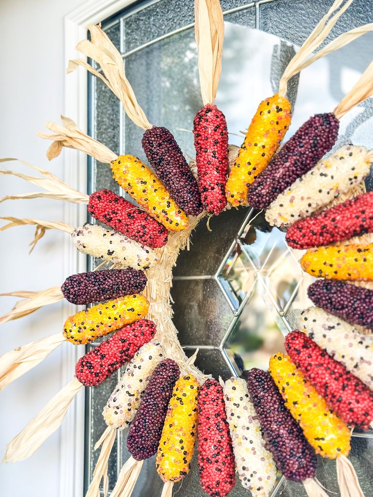 Handmade Indian corn wreath for the front door. A colorful, natural accent that reinforces the fall color palette for excellent seasonal curb appeal.