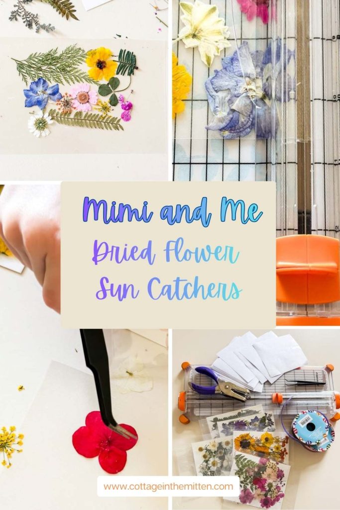 A four-image Pinterest collage titled 'Mimi and Me Dried Flower Sun Catchers' featuring a finished floral arrangement on a clear sheet, a close-up of a paper trimmer cutting adhesive sheets, a hand using tweezers to place a red petal, and a flat lay of crafting supplies like ribbon and a hole punch.