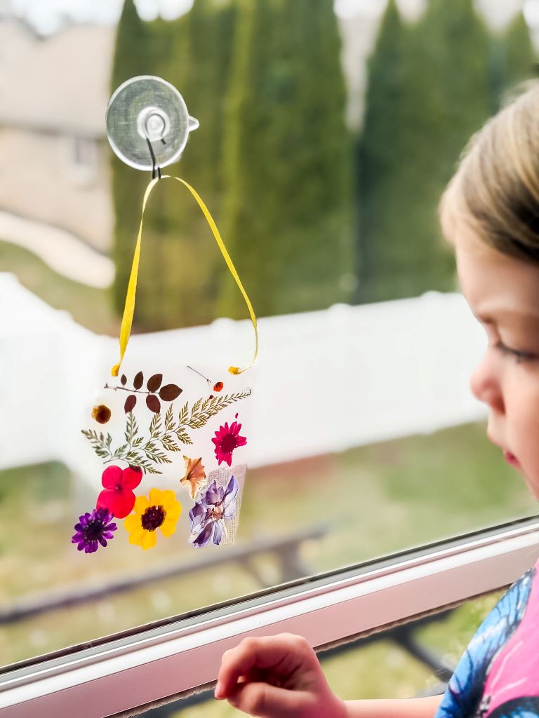 A young girl looking at a completed DIY pressed flower suncatcher hanging from a suction cup in a sunny window, with vibrant purple, yellow, and pink flowers glowing in the natural light.