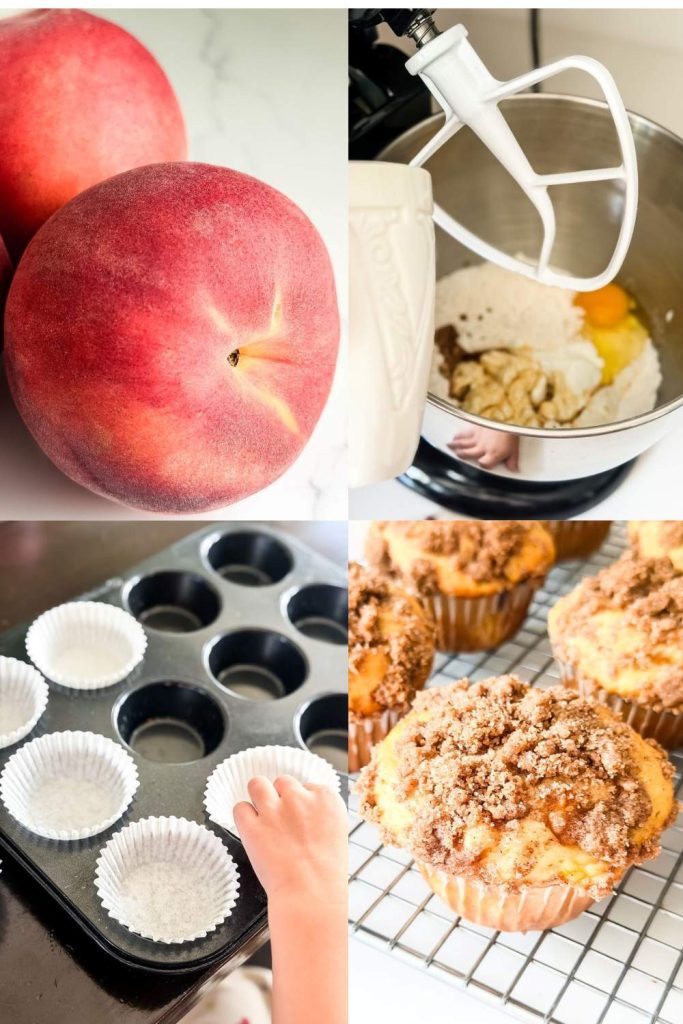 Step-by-step grid showing fresh peaches, mixing muffin batter, lining a muffin pan, and baked cinnamon crumble peach muffins.