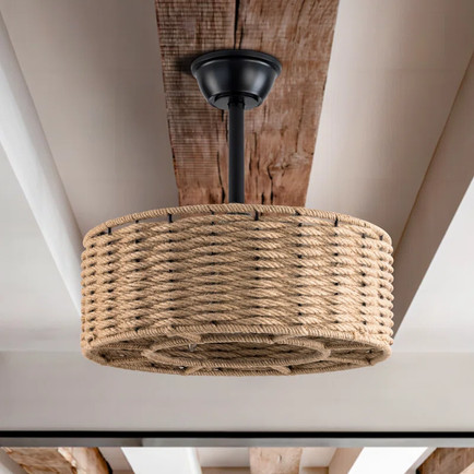 A rustic caged ceiling fan and light fixture with a hand-woven natural rope drum shade, mounted with a black downrod to a rustic exposed wooden ceiling beam.