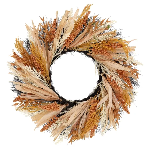 Natural harvest wreath featuring dried wheat, corn husks, and warm amber fall foliage.