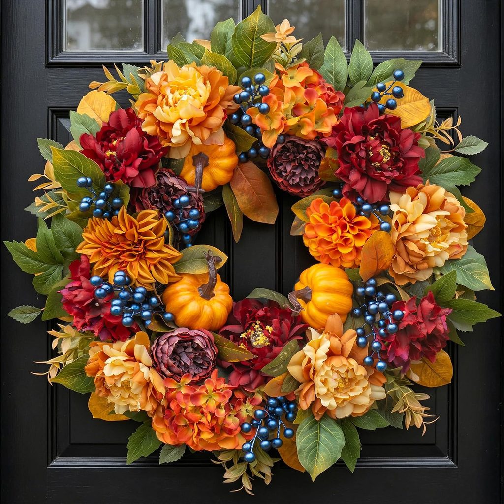 Vibrant autumn floral front door wreath with orange peonies, pumpkins, burgundy dahlias, and blue berries.