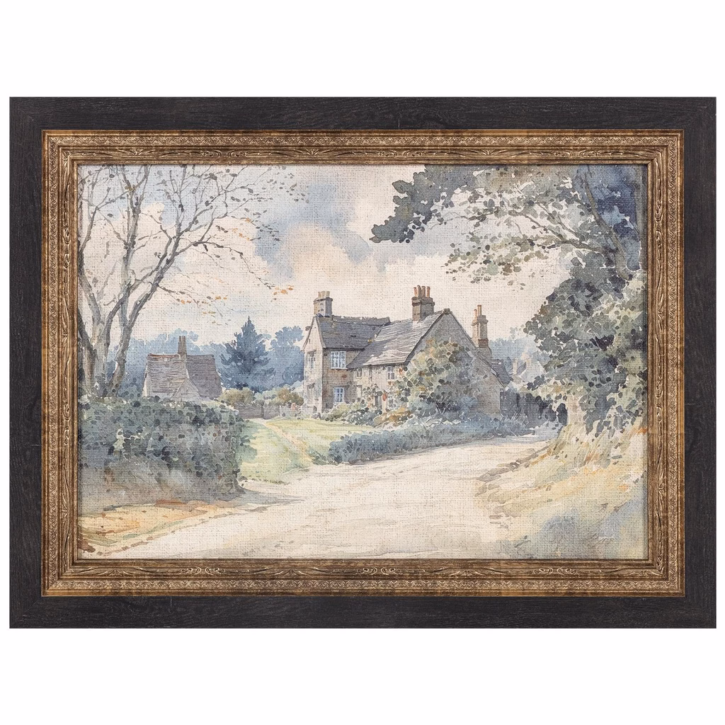 Framed vintage watercolor art print of an English country cottage in a dark wood frame