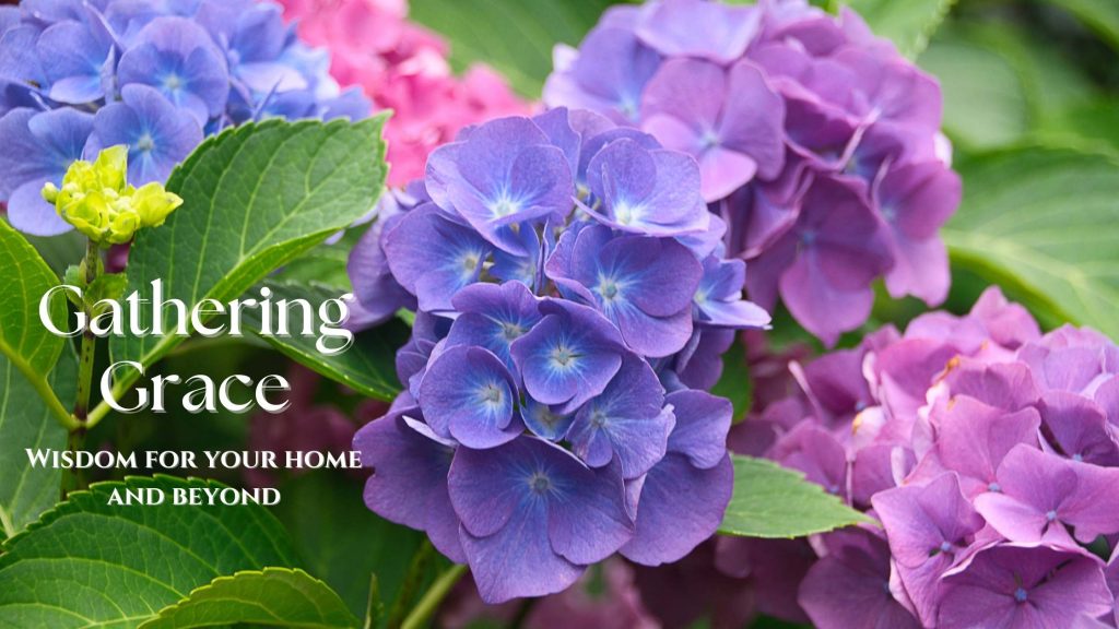 Gathering Grace Wisdom for Your Home and Beyond — Cottage in the Mitten blog series banner with purple and blue hydrangeas
