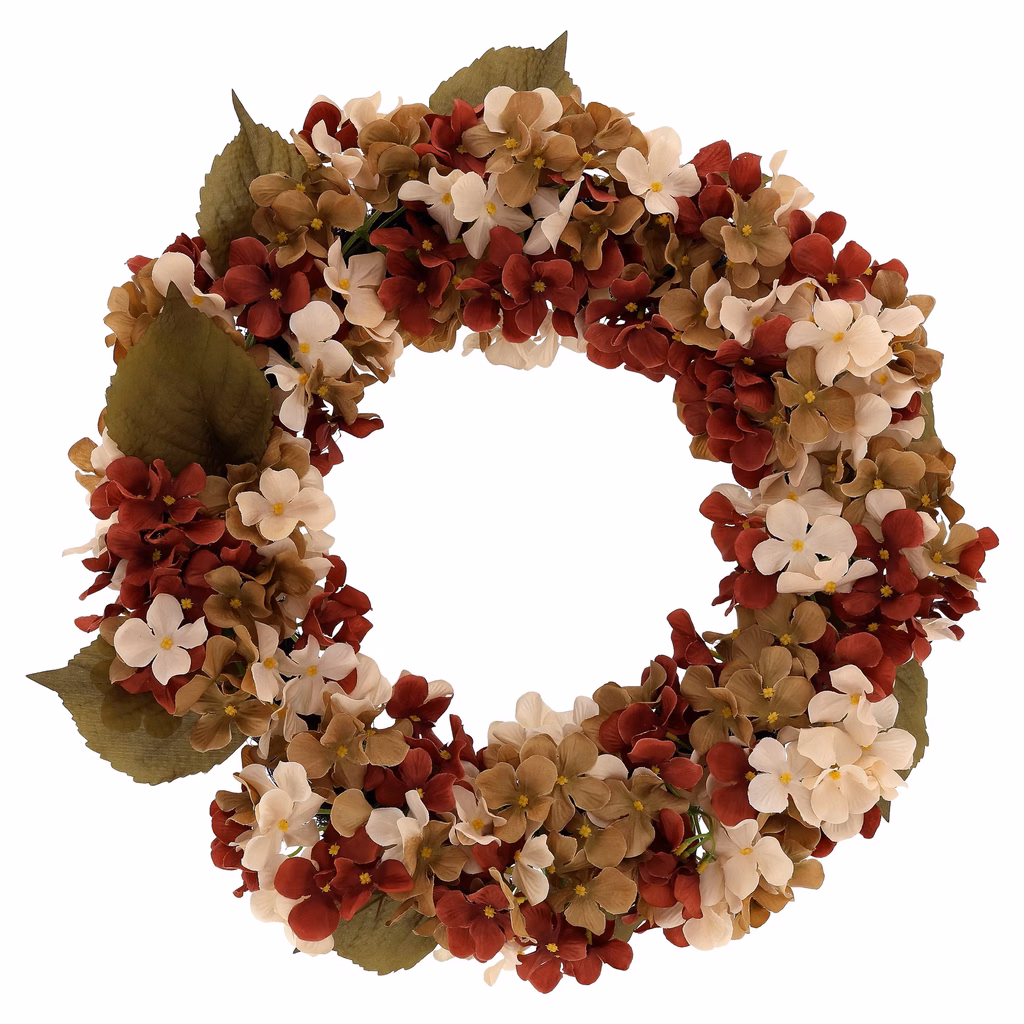 Autumn faux floral wreath with burgundy, tan, and cream hydrangeas for front door decor.