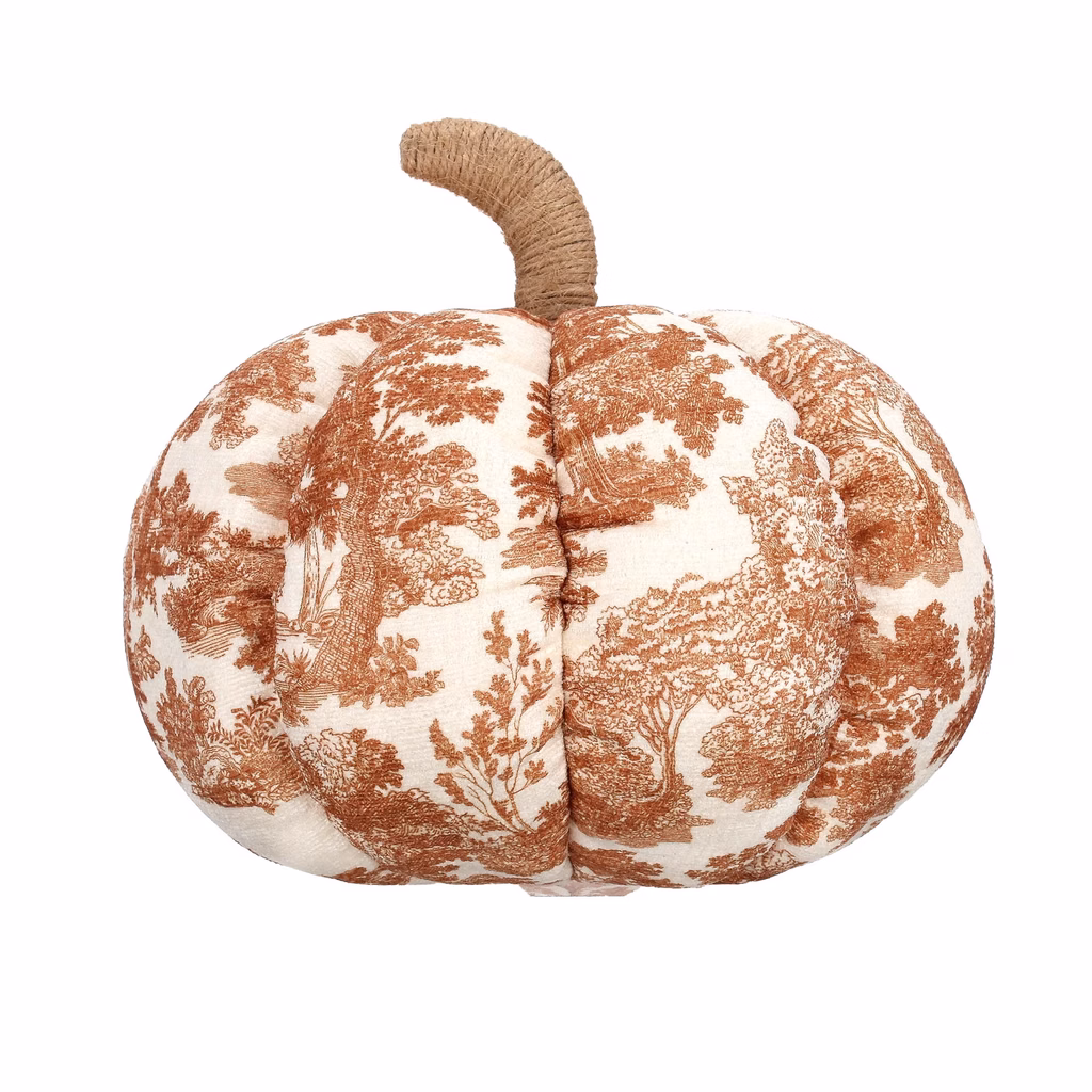 Plush fabric pumpkin featuring rust terracotta forest toile pattern and jute twine stem.