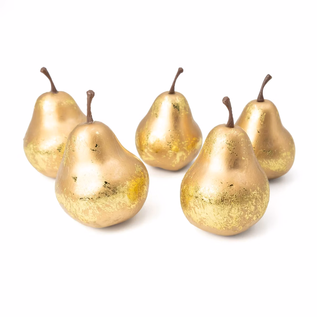 Set of five metallic gold foiled faux decorative pears for fall tabletop and bowl filler styling.